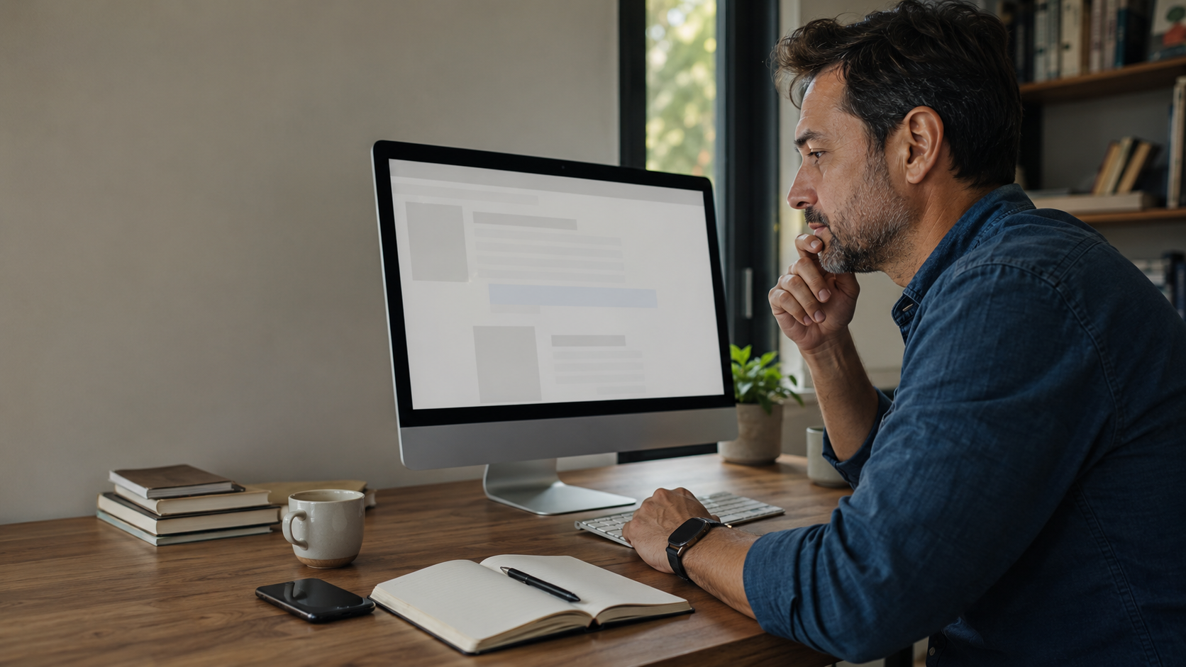 Profissional pesquisando informações em um site institucional no computador
